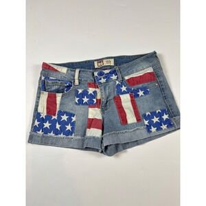 Y2K LEI Ashley Lowrise Denim Shorts Americana Flag Patchwork Stars Stripes SZ 11